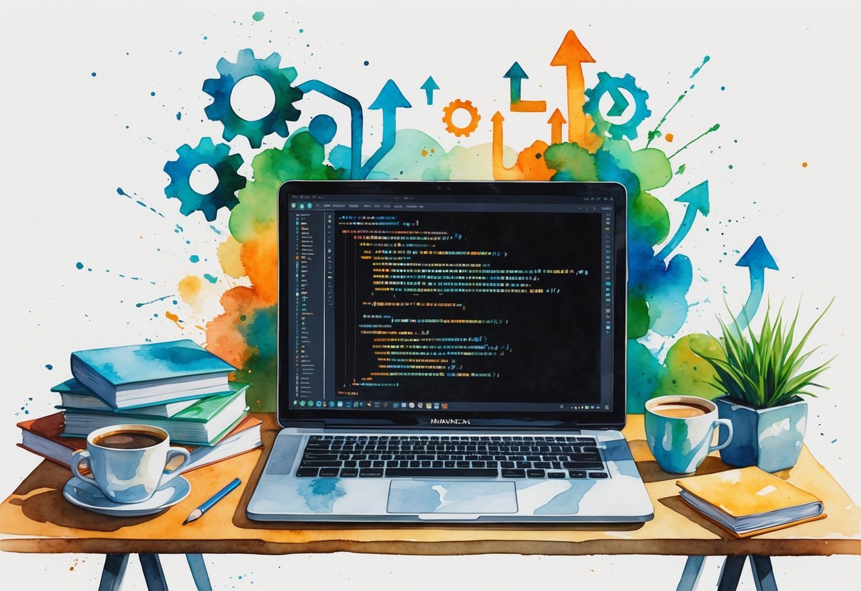 A workspace with a laptop showing code, books, a coffee cup, and a plant on a desk surrounded by abstract symbols of technology and growth.