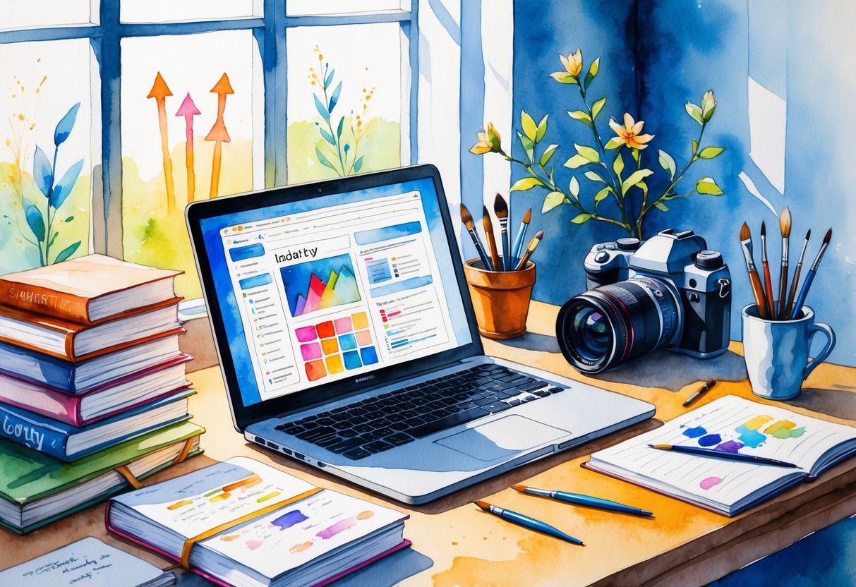 A workspace with a laptop, books, art supplies, a camera, and a coffee cup arranged on a desk near a window with plants.