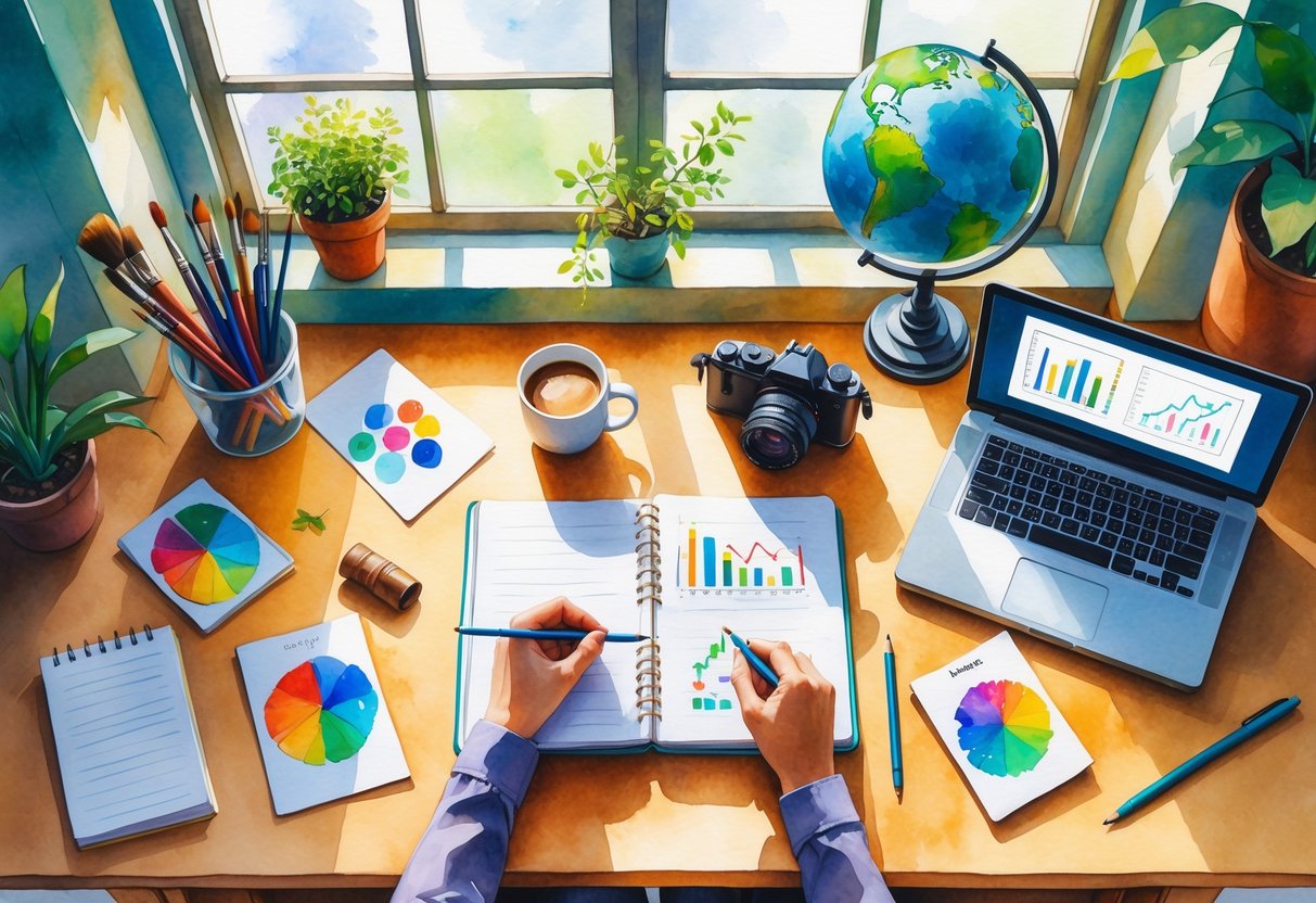 A workspace with a notebook, coffee, and items representing hobbies like gardening, running shoes, paintbrushes, a camera, books, a guitar, a laptop, a chessboard, a globe, and a journal.