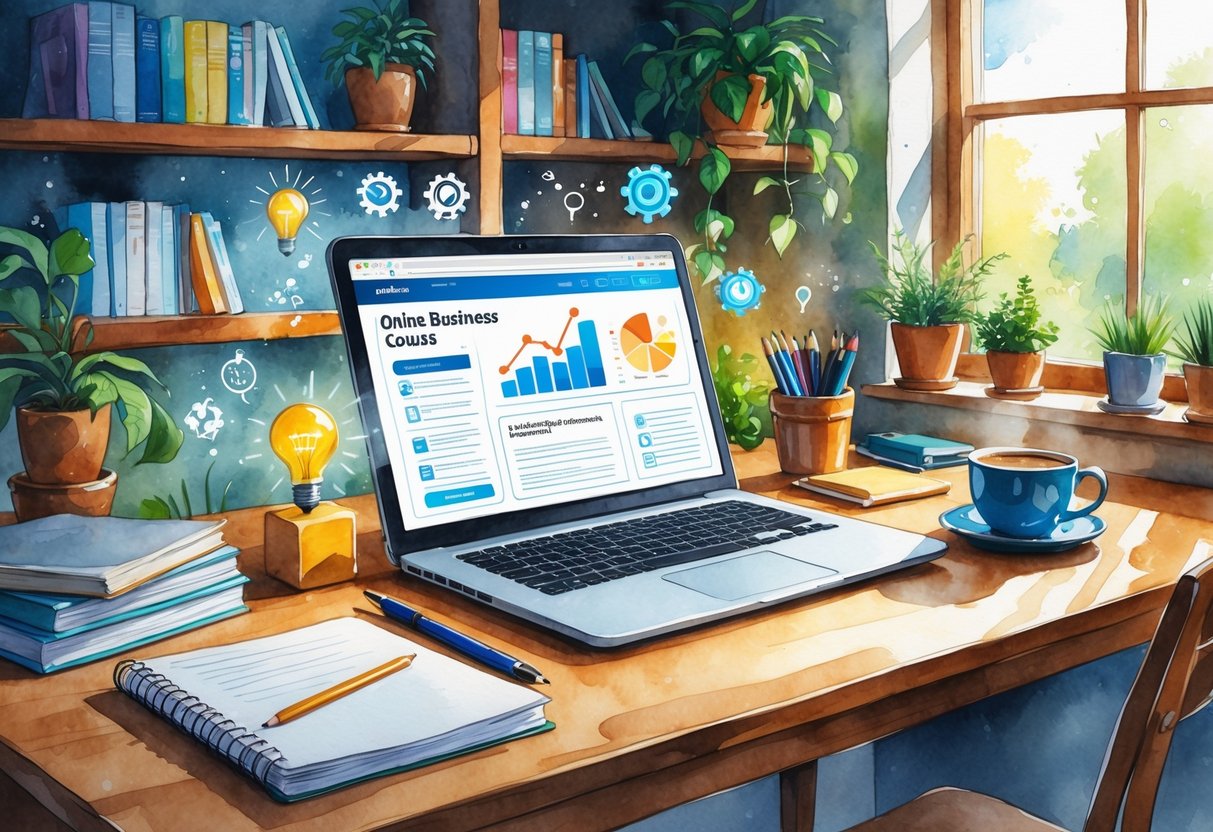 A home workspace with a laptop, notebooks, coffee cup, bookshelves, and plants near a window with natural light.