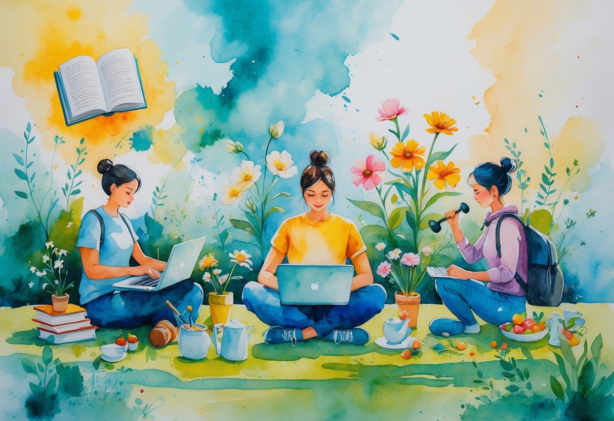 A person engaged in various activities like reading, painting, typing on a laptop, playing music, gardening, cooking, exercising, writing, collaborating, and exploring nature, surrounded by a colorful and uplifting environment.