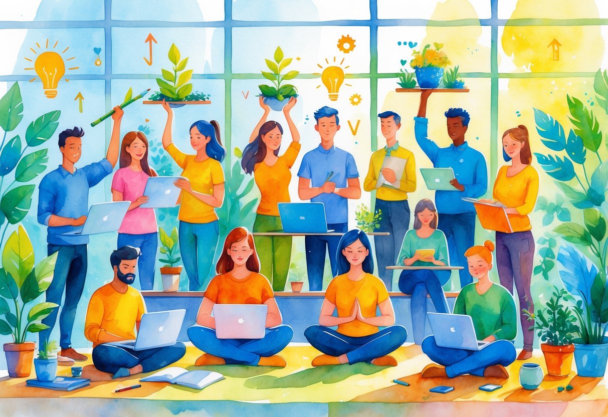 A diverse group of people engaged in different hobbies such as painting, coding, gardening, music, writing, yoga, cooking, photography, public speaking, and networking in a bright and lively community space.