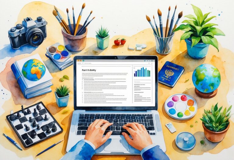 A workspace showing items representing hobbies like photography, reading, painting, music, gardening, fitness, travel, chess, cooking, and volunteering arranged around a laptop.