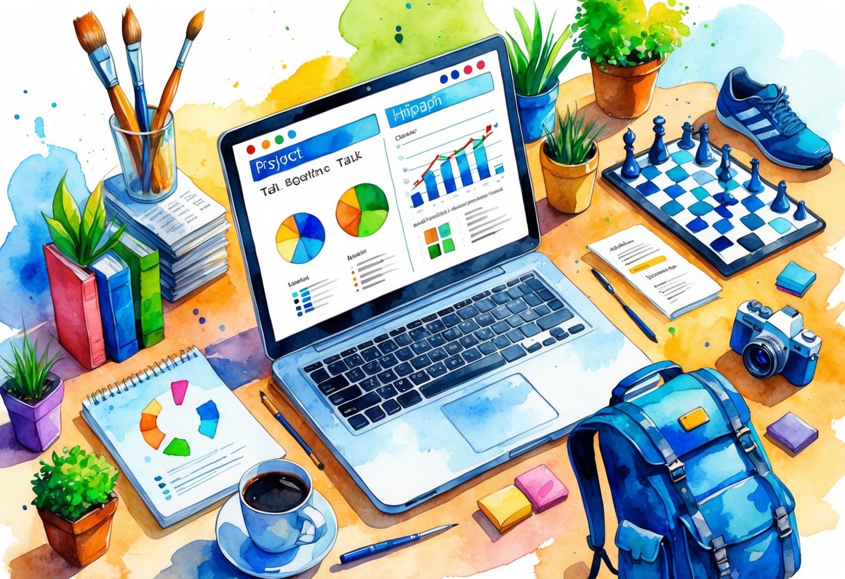 A workspace with a laptop, calendar, and coffee surrounded by items representing ten hobbies including painting, reading, photography, music, running, cooking, gardening, chess, yoga, and travel.