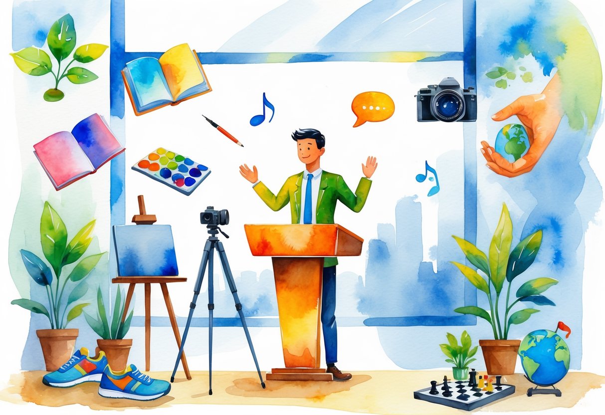 A person speaking confidently at a podium before an attentive audience, surrounded by symbols of various hobbies including books, paintbrushes, a guitar, a camera, a plant, running shoes, a chessboard, a globe, cooking ingredients, and a helping hand.