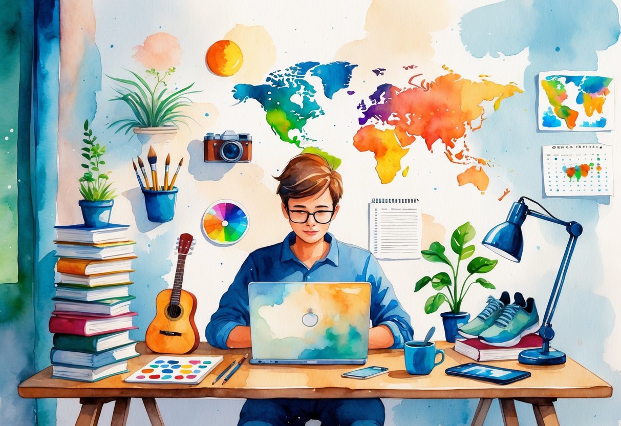 A cozy workspace with a person working on a laptop surrounded by items representing hobbies like reading, painting, photography, music, gardening, fitness, cooking, chess, traveling, and writing.