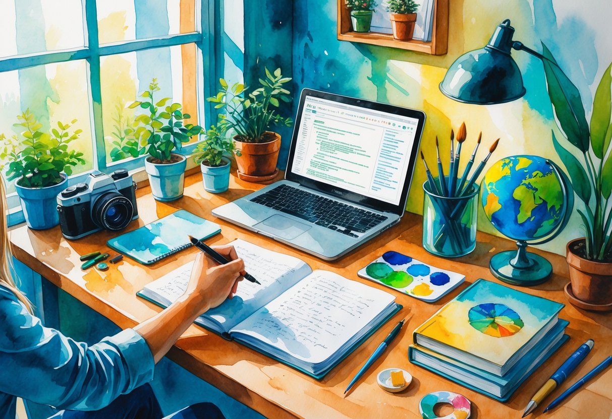 A cozy workspace with a person writing at a desk surrounded by objects representing hobbies like photography, painting, programming, reading, gardening, music, fitness, knitting, volunteering, and travel.