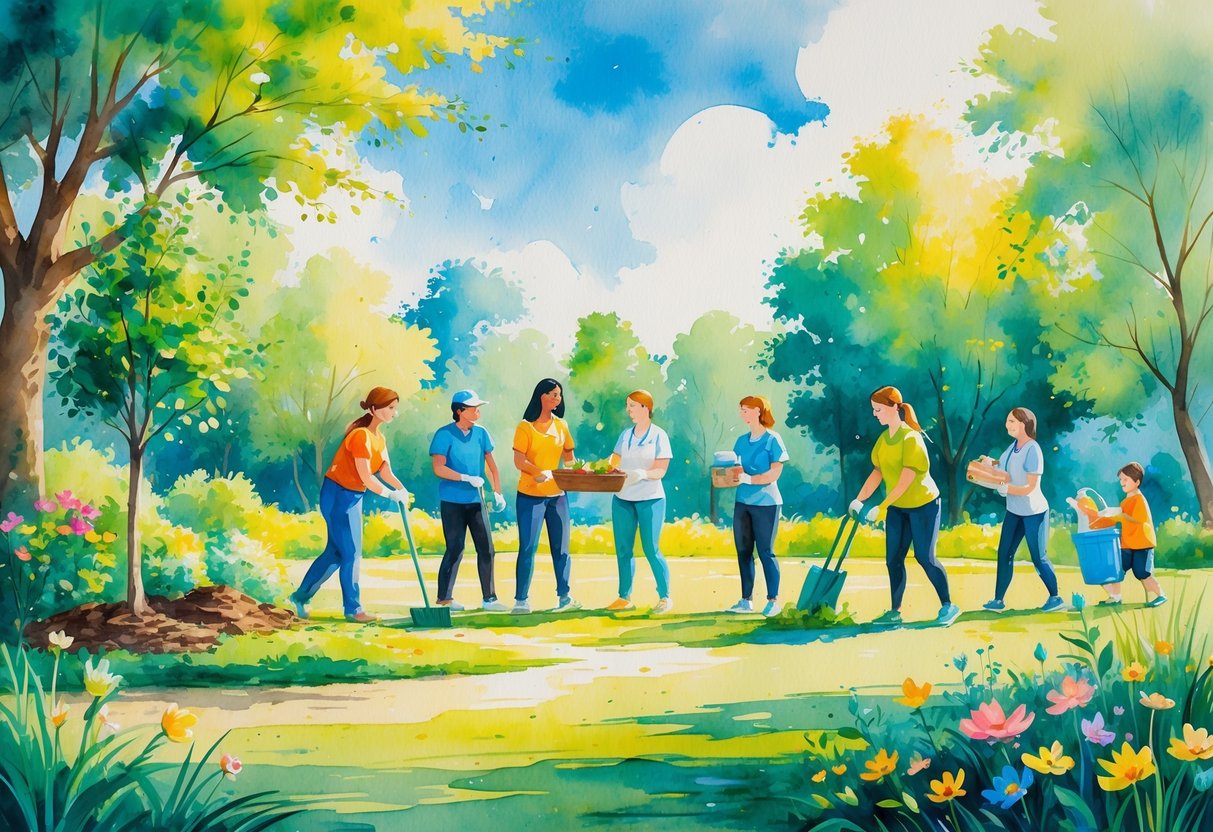 A group of diverse volunteers planting trees, distributing food, cleaning a park, and tutoring a child in a sunny outdoor setting.