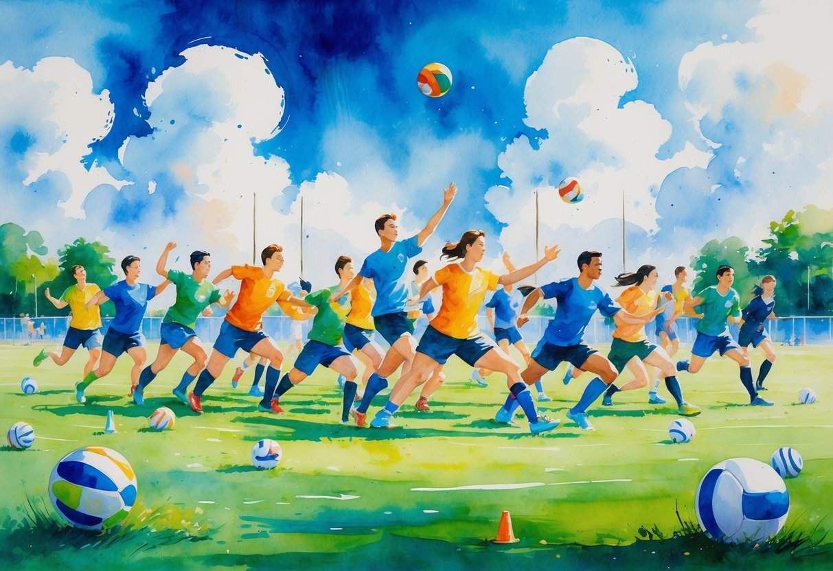 A group of people playing different team sports together on a green field with spectators watching nearby.