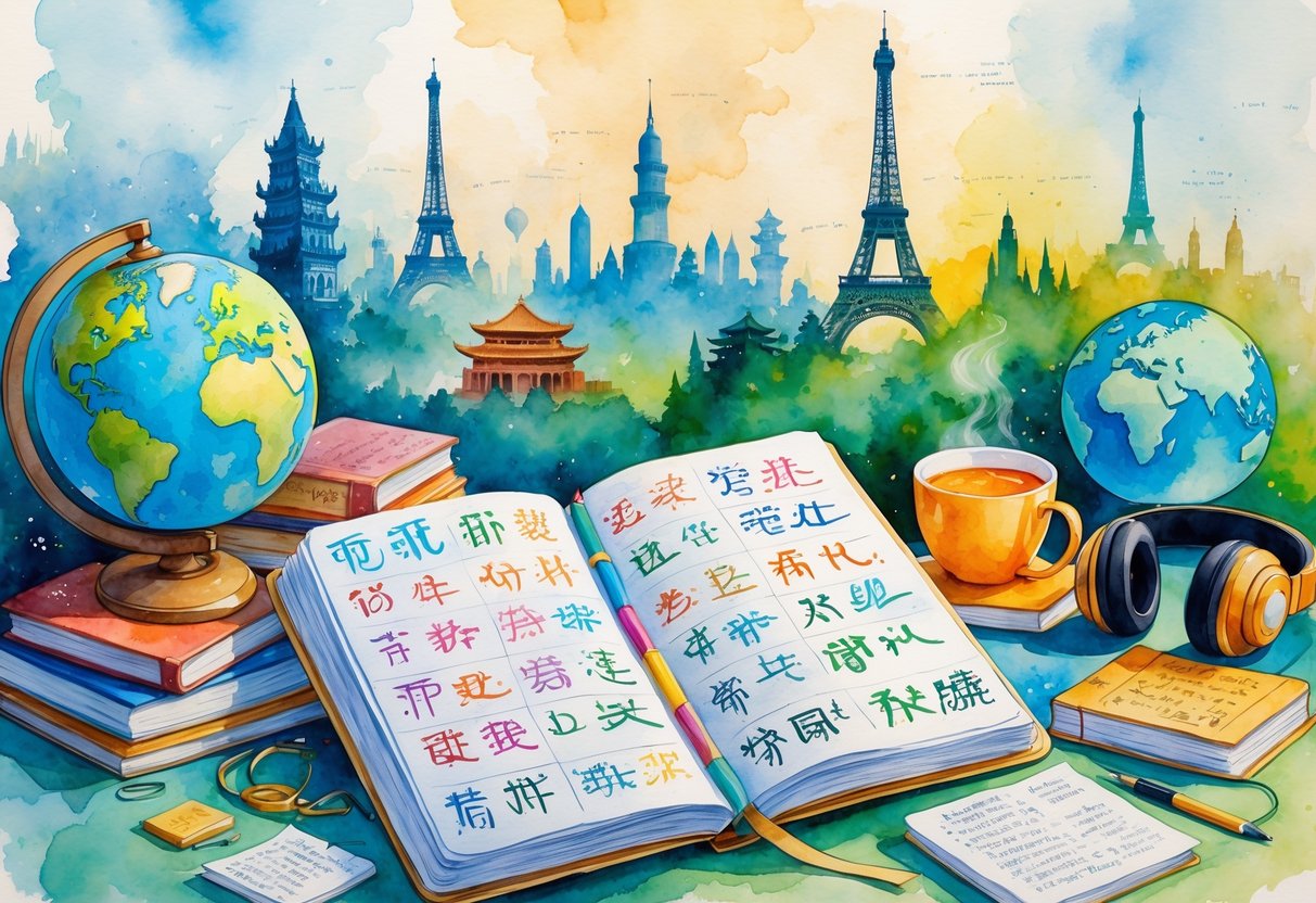 A cozy study nook with an open notebook, a globe, language books, headphones, and faint images of famous world landmarks in the background.