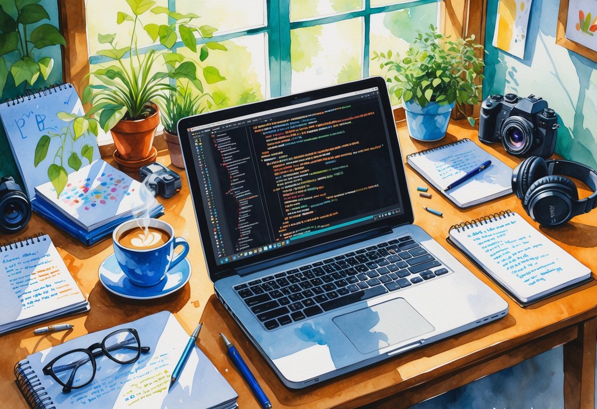 A cozy workspace with a laptop showing code, books, a coffee cup, glasses, and a small plant on a wooden desk near a window.