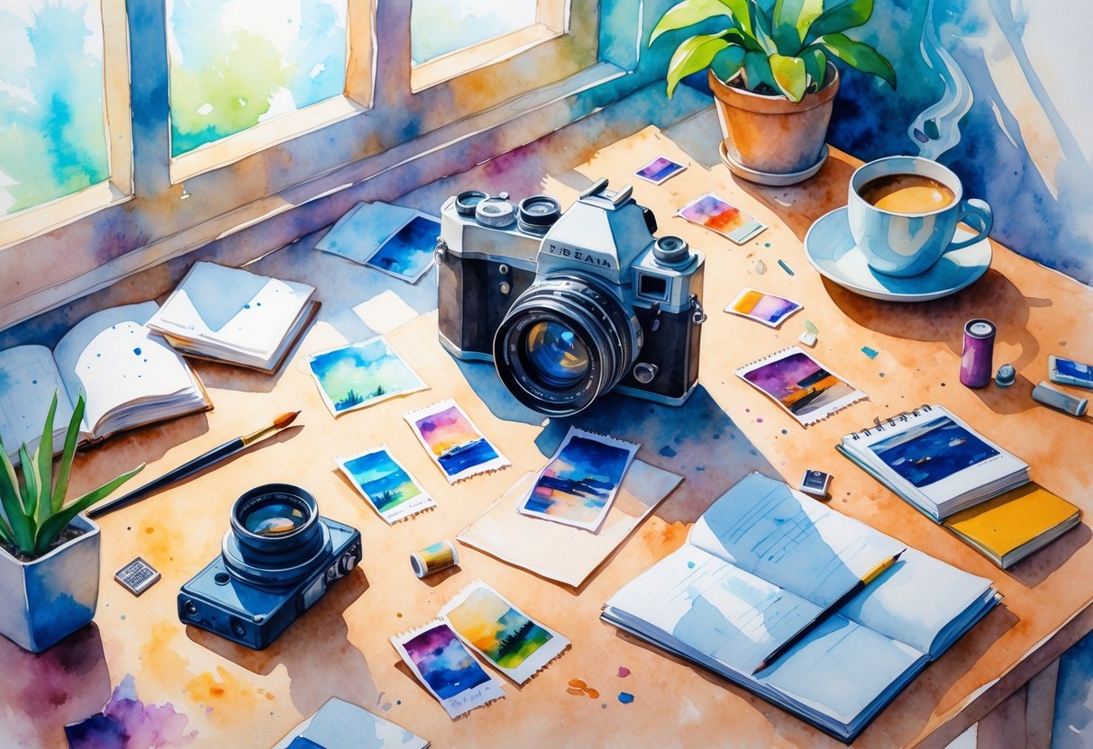A cozy workspace with a vintage camera, photographs, notebook, paintbrush, running shoes, guitar, and a laptop on a wooden table near a window.