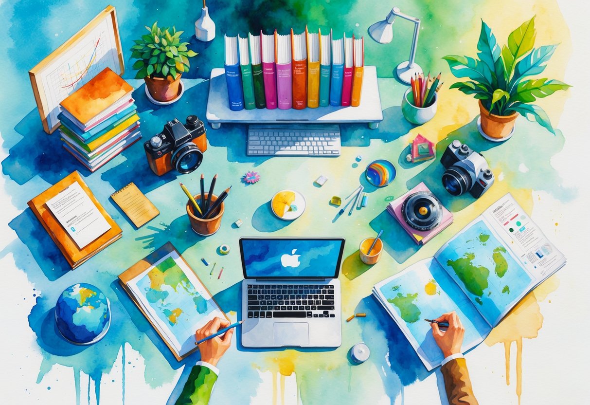 A creative workspace showing a person sketching, books, a camera, a guitar, plants, yoga mat, cooking tools, a travel map, a laptop, and a volunteer badge.