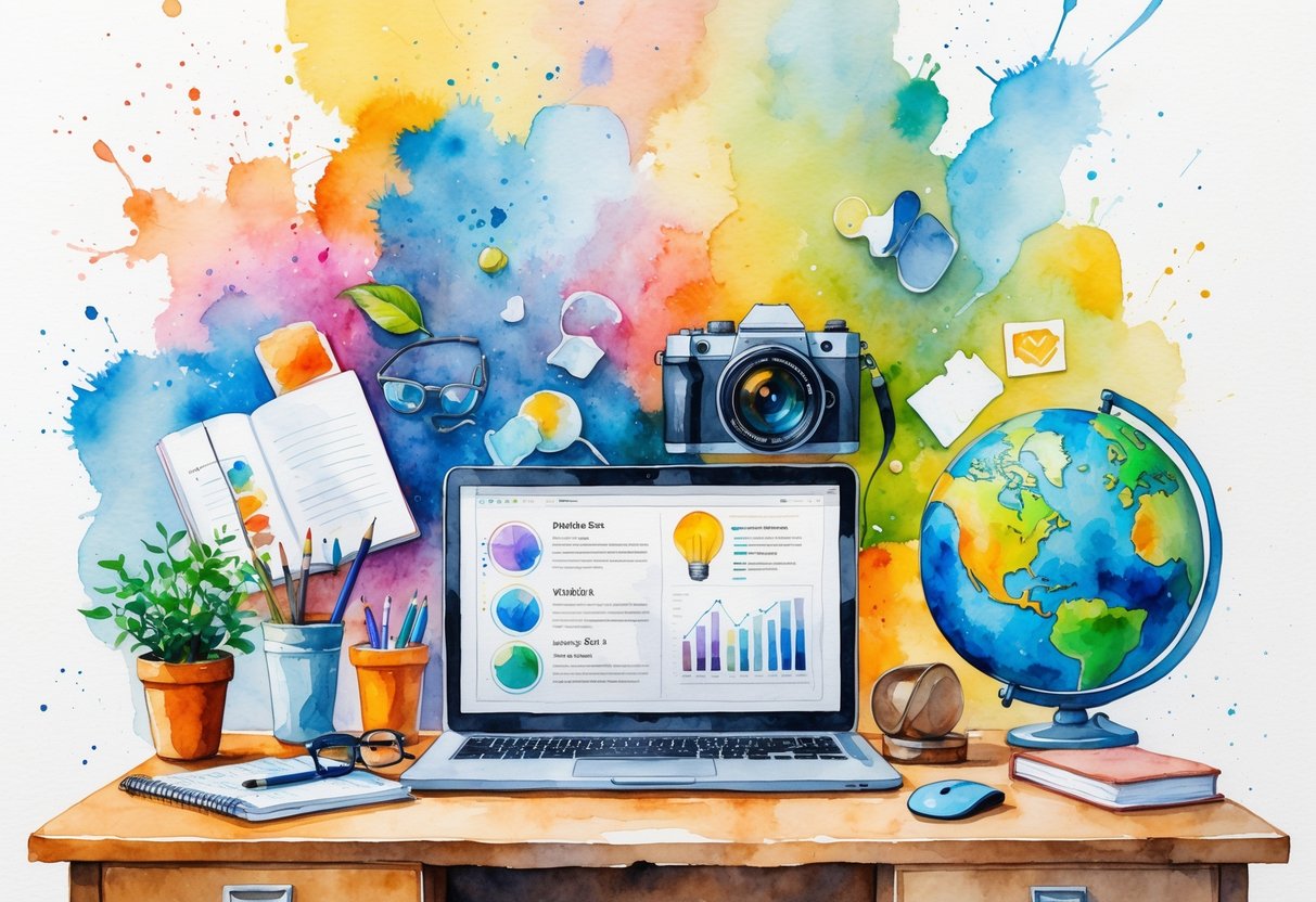 A workspace with a laptop and various items representing hobbies like gardening, painting, photography, fitness, reading, music, chess, travel, cooking, and volunteering arranged around it.