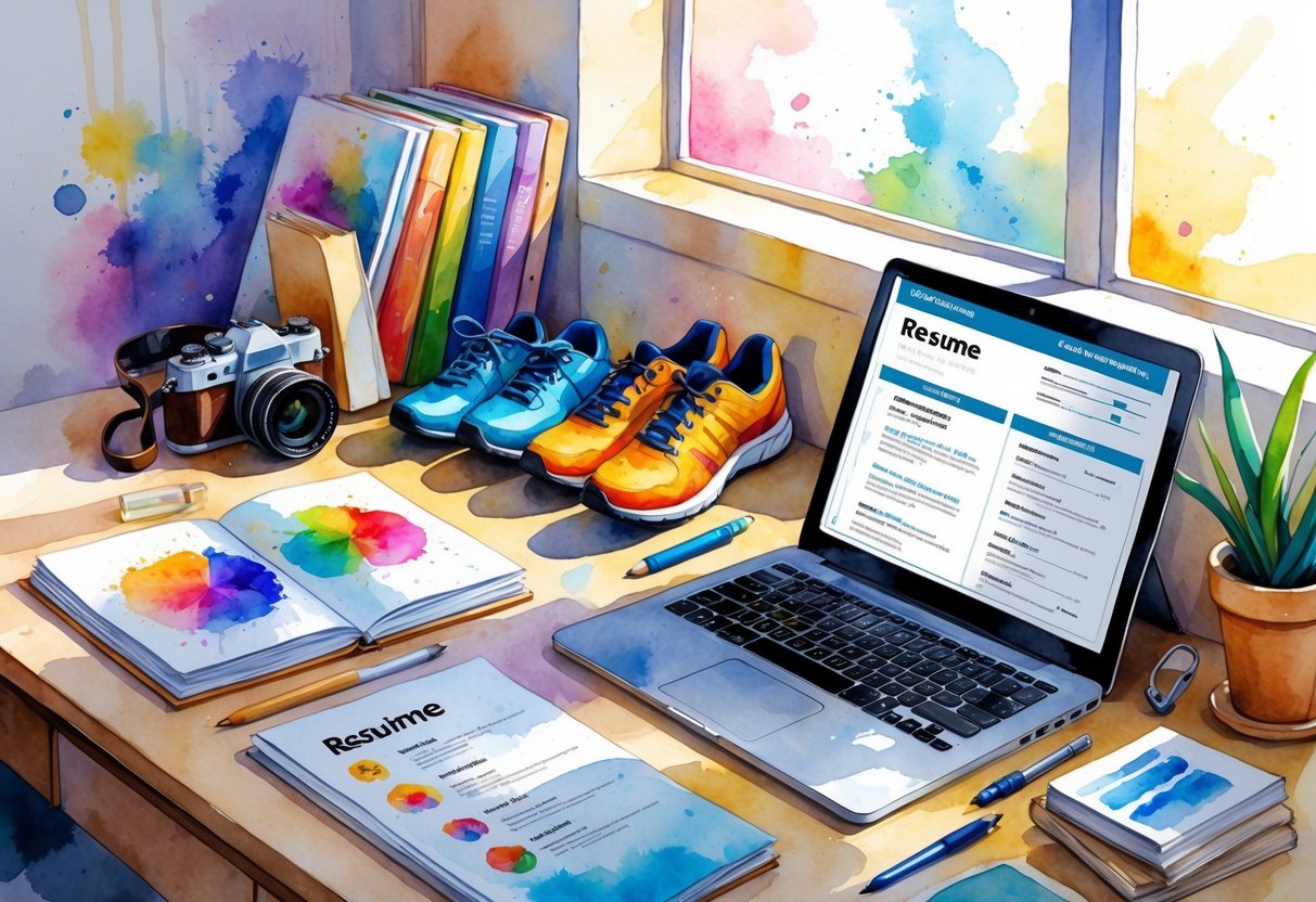 A workspace with items representing hobbies like drawing, photography, running, reading, music, and cooking arranged around a laptop.