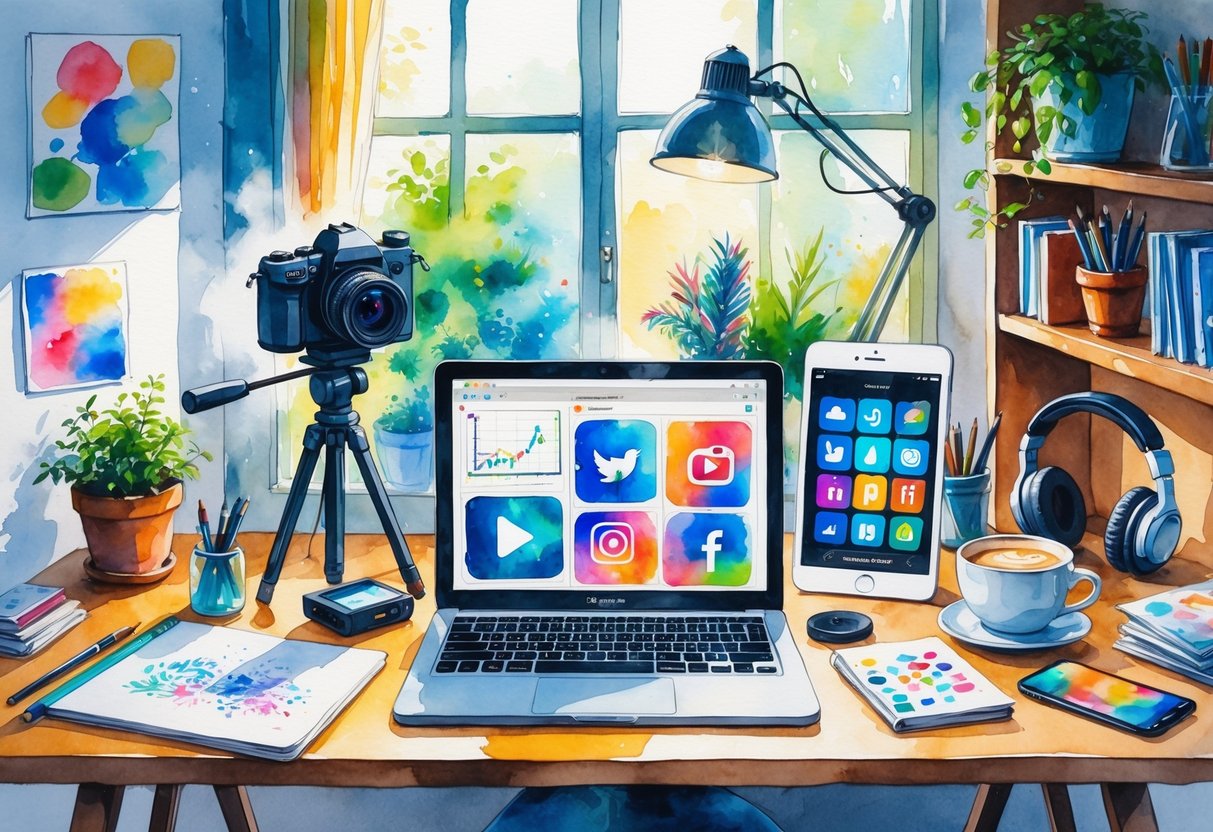 A creative workspace with a person using a digital tablet, a camera on a tripod, a microphone, a laptop, a smartphone, a notebook, headphones, a coffee cup, a potted plant, and art supplies on a shelf.