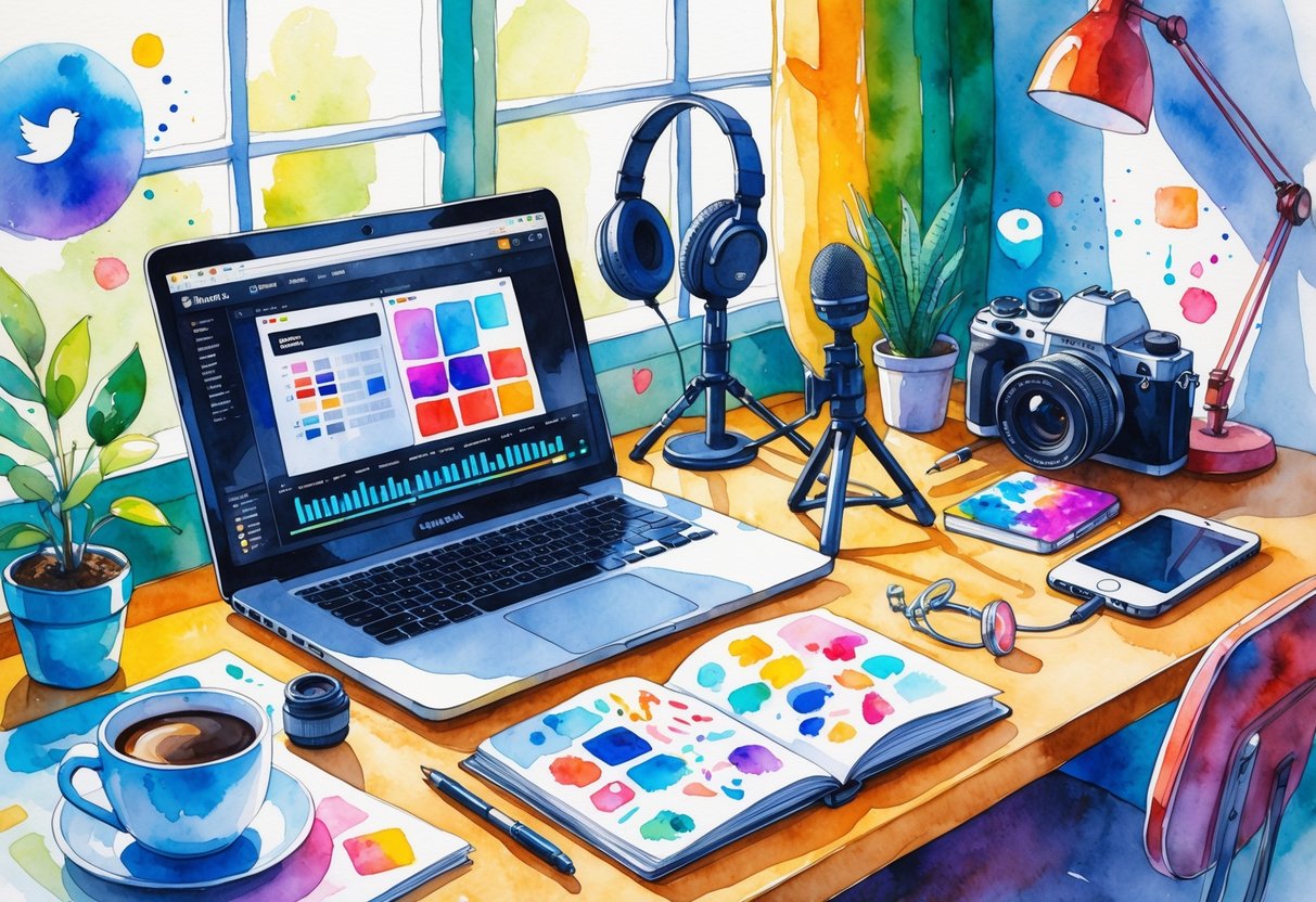 A creative workspace with a laptop, smartphone on a tripod, camera, microphone, sketchbook, headphones, coffee cup, and a plant on a desk near a window.