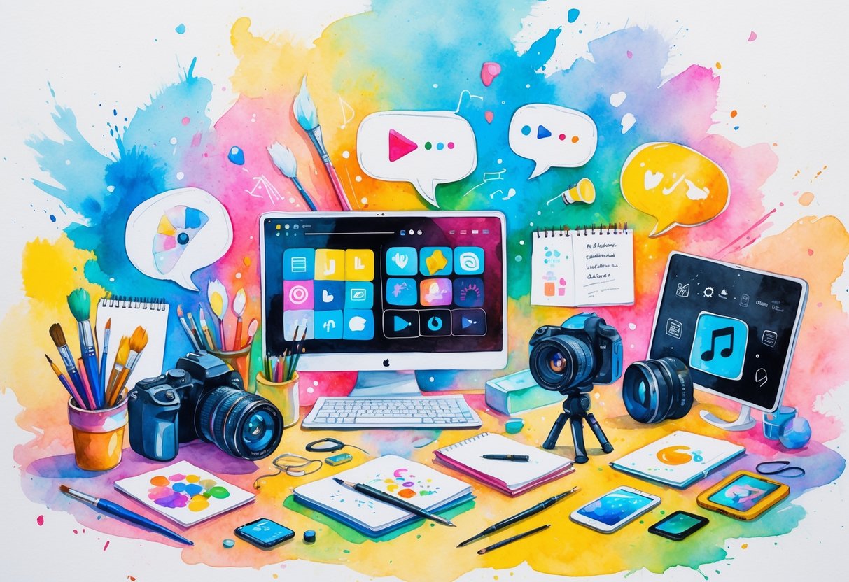 A creative workspace with a person holding a smartphone, surrounded by tools like a camera, laptop, microphone, sketchbook, and headphones, representing various hobbies for content creation.