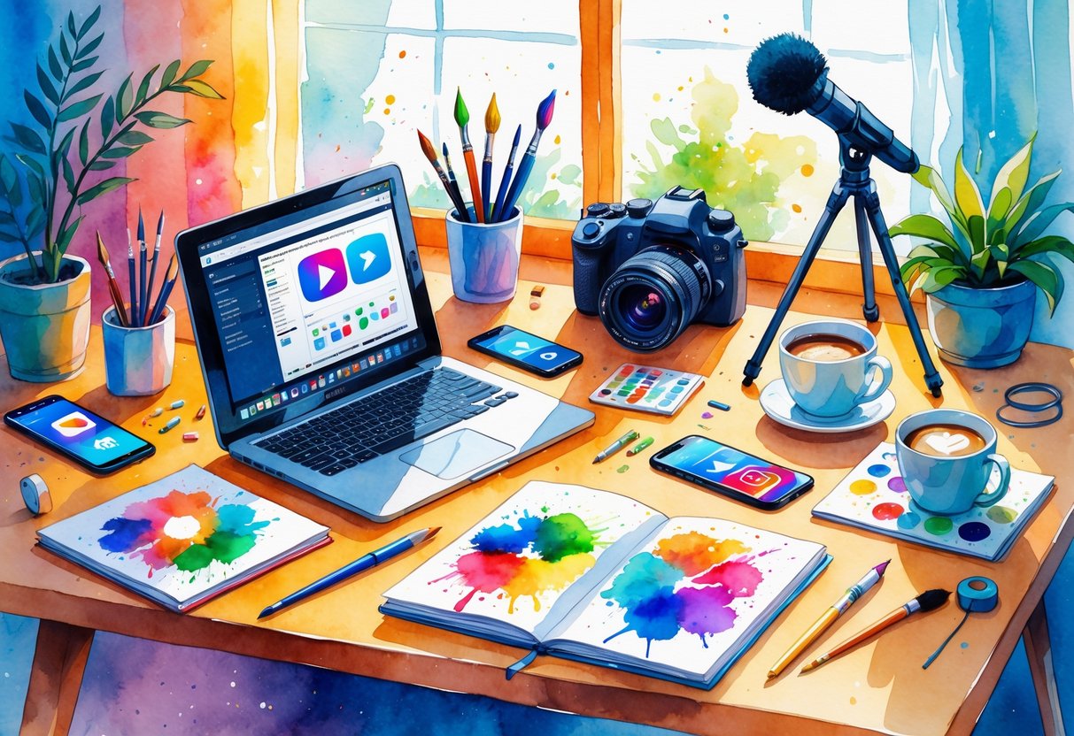 A creative workspace with a laptop, camera, microphone, sketchbooks, smartphone, paintbrushes, and a cup of coffee on a desk near a window.