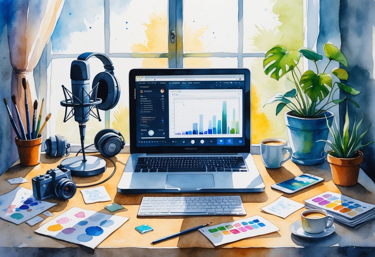 A cozy creative workspace with a microphone, headphones, laptop, notes, camera, paintbrush, books, smartphone, coffee cup, and a plant on a table near a window.