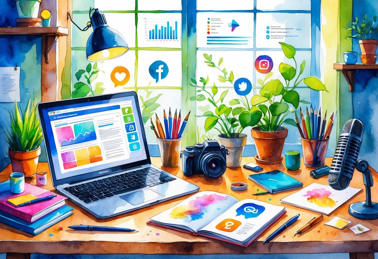 A creative workspace with a laptop, camera, smartphone, art supplies, and plants on a wooden desk.