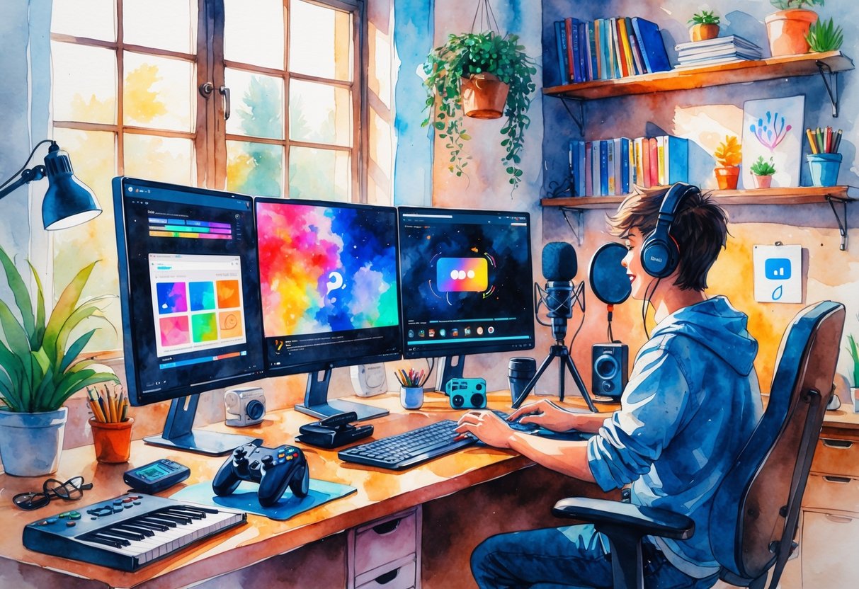 A person at a desk surrounded by equipment and items representing various hobbies for content creation, including a computer, camera, microphone, sketchbook, gaming controller, and musical keyboard.