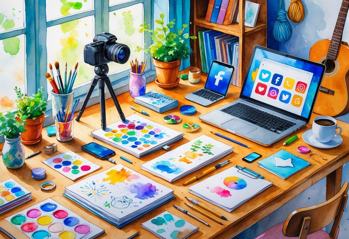 A cozy creative workspace with art supplies, a camera on a tripod, a smartphone, a laptop, a plant, and a guitar in a room filled with crafting materials.