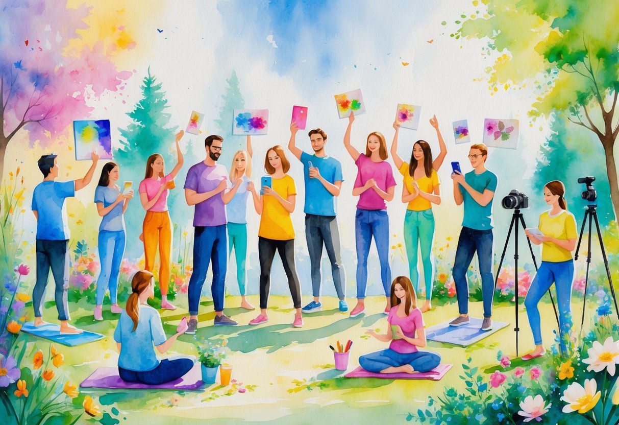 A group of people enjoying various creative activities like painting, photography, writing, music, crafting, cooking, filming, digital art, gardening, and yoga in an outdoor setting.