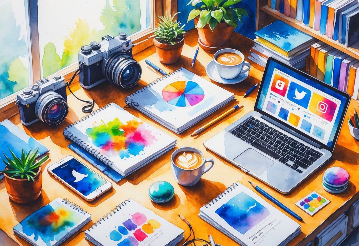 A creative workspace with a camera, smartphone, sketchbook, laptop, coffee cup, and art supplies arranged on a desk near a window.