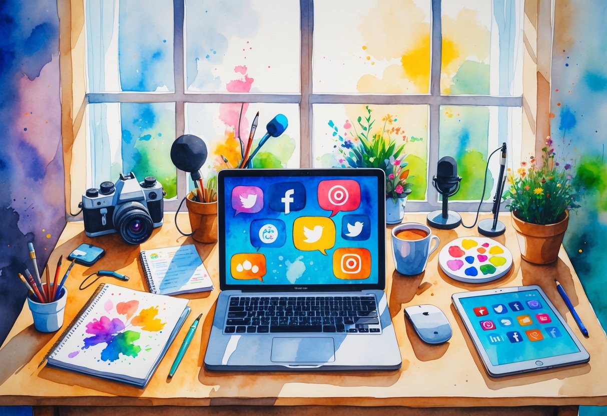 A person working at a desk surrounded by a laptop, camera, sketchbook, microphone, headphones, smartphone, paint supplies, and a potted plant in a cozy room with natural light.