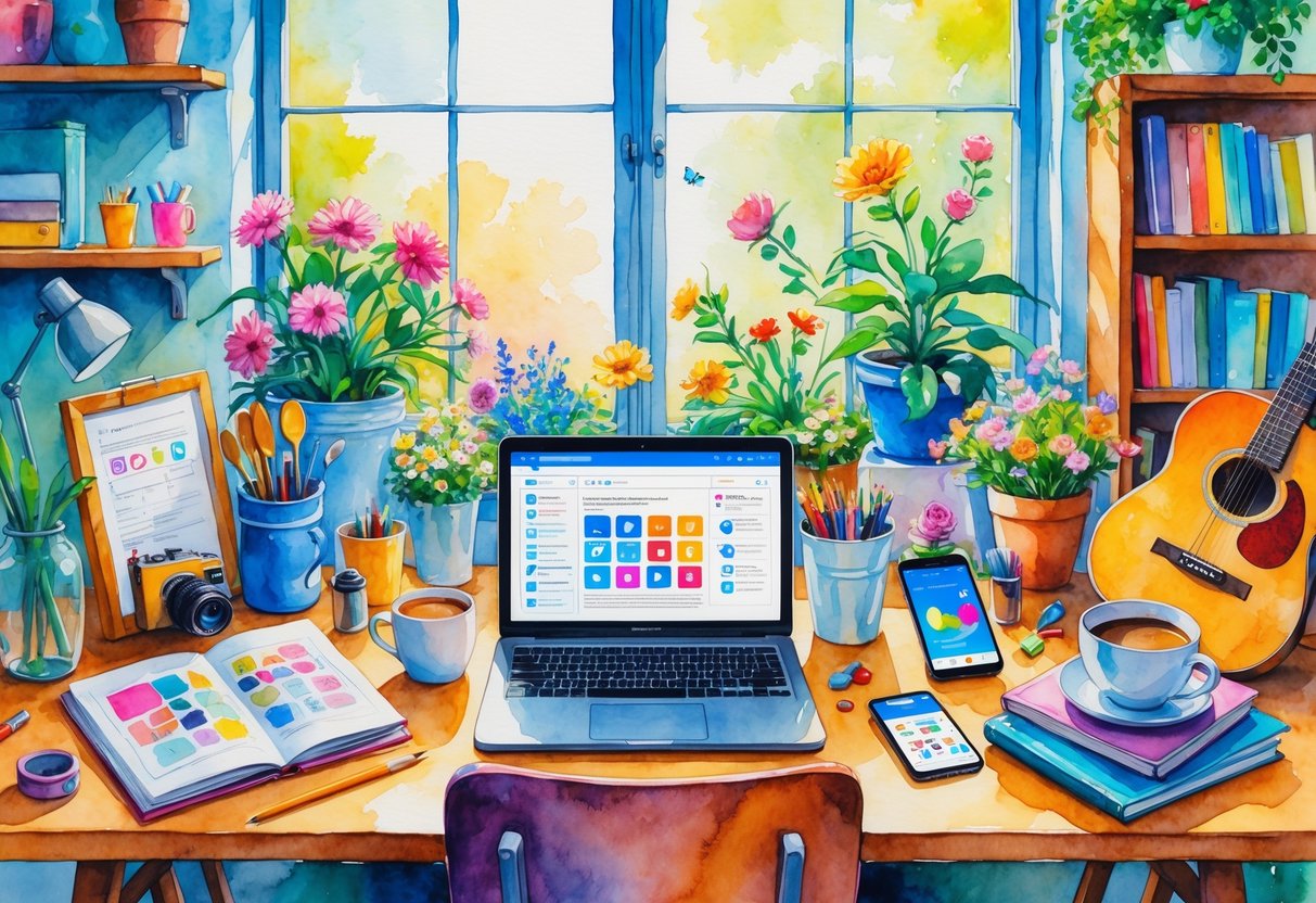 A creative workspace with a laptop, art supplies, a person playing guitar, gardening plants, and a smartphone, all arranged to show hobbies that inspire content creation.