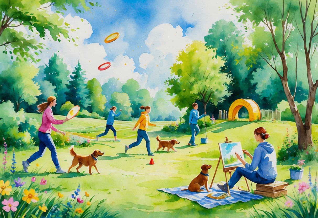 A person and their dog enjoying various outdoor activities together in a park, including playing fetch, hiking, agility training, reading, and painting.