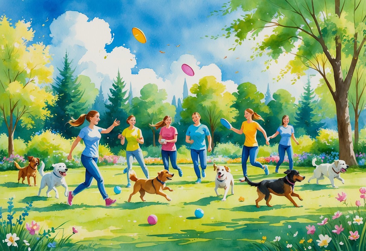 Several dogs and their owners playing and having fun together in a sunny park with grass, trees, and flowers.