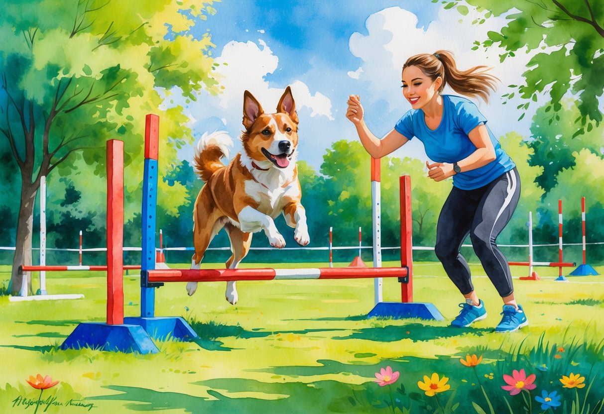 A person and their dog training together outdoors, with the dog jumping over a hurdle in a grassy park.