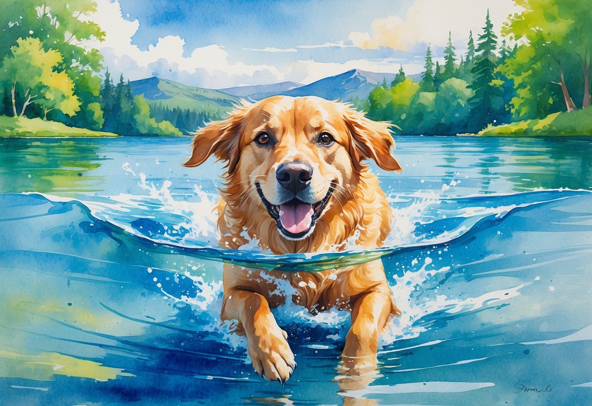 A golden retriever swimming happily in a clear lake surrounded by trees and mountains under a sunny sky.