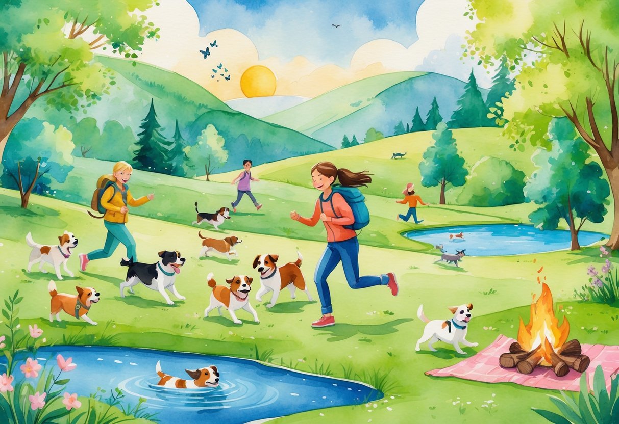 A person and their dog enjoying ten different outdoor activities together in a park, including playing fetch, hiking, running, swimming, training, picnicking, cuddling, exploring, and relaxing by a campfire.