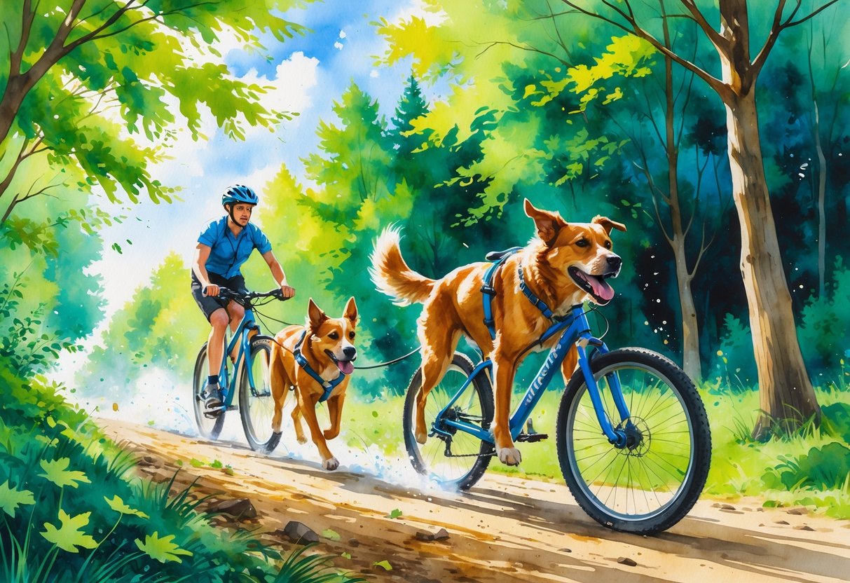 A person riding a bicycle on a forest trail being pulled by a happy dog wearing a harness.