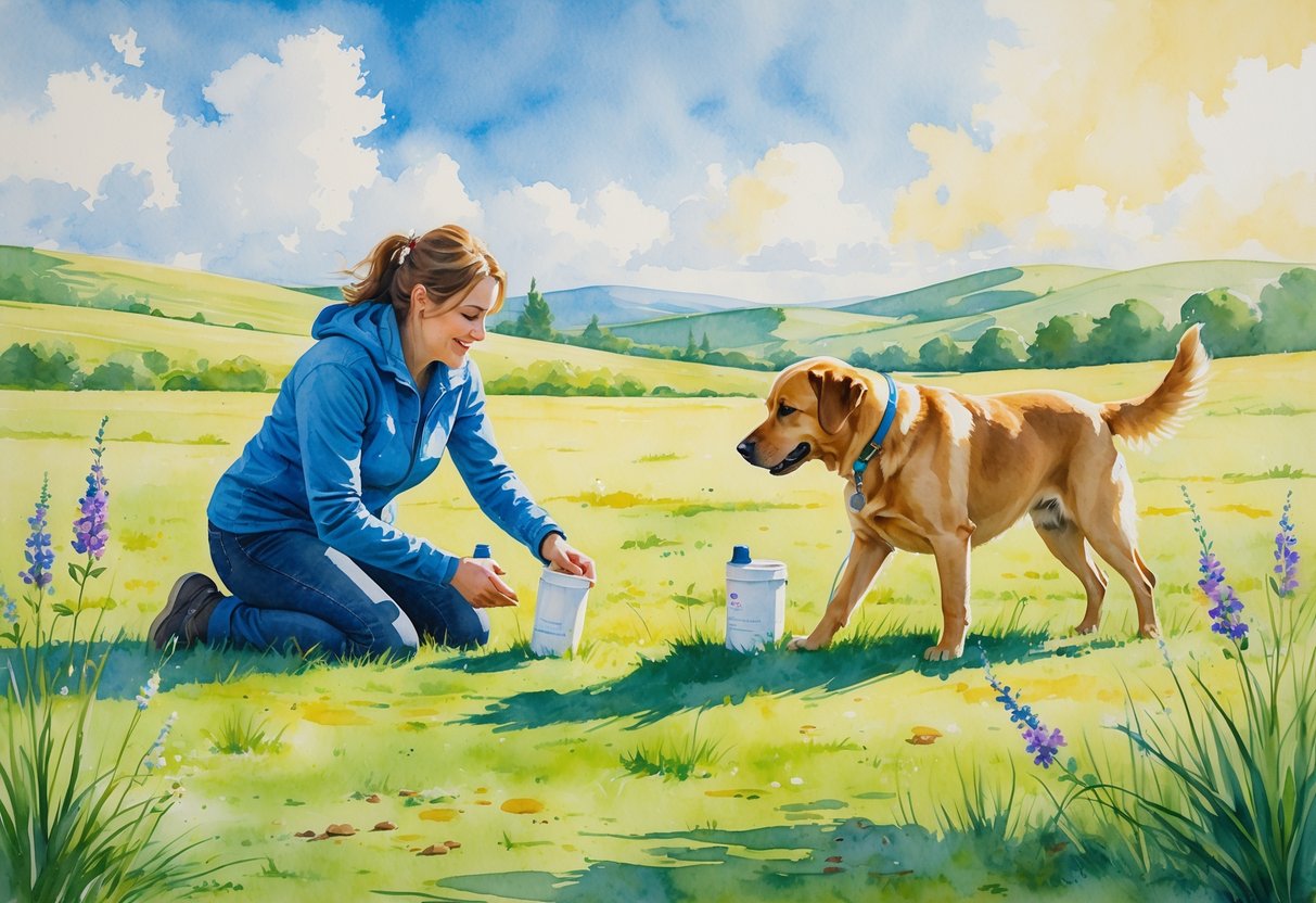 A person and their dog outdoors in a grassy field, with the dog sniffing the ground as they play a scent detection game together.