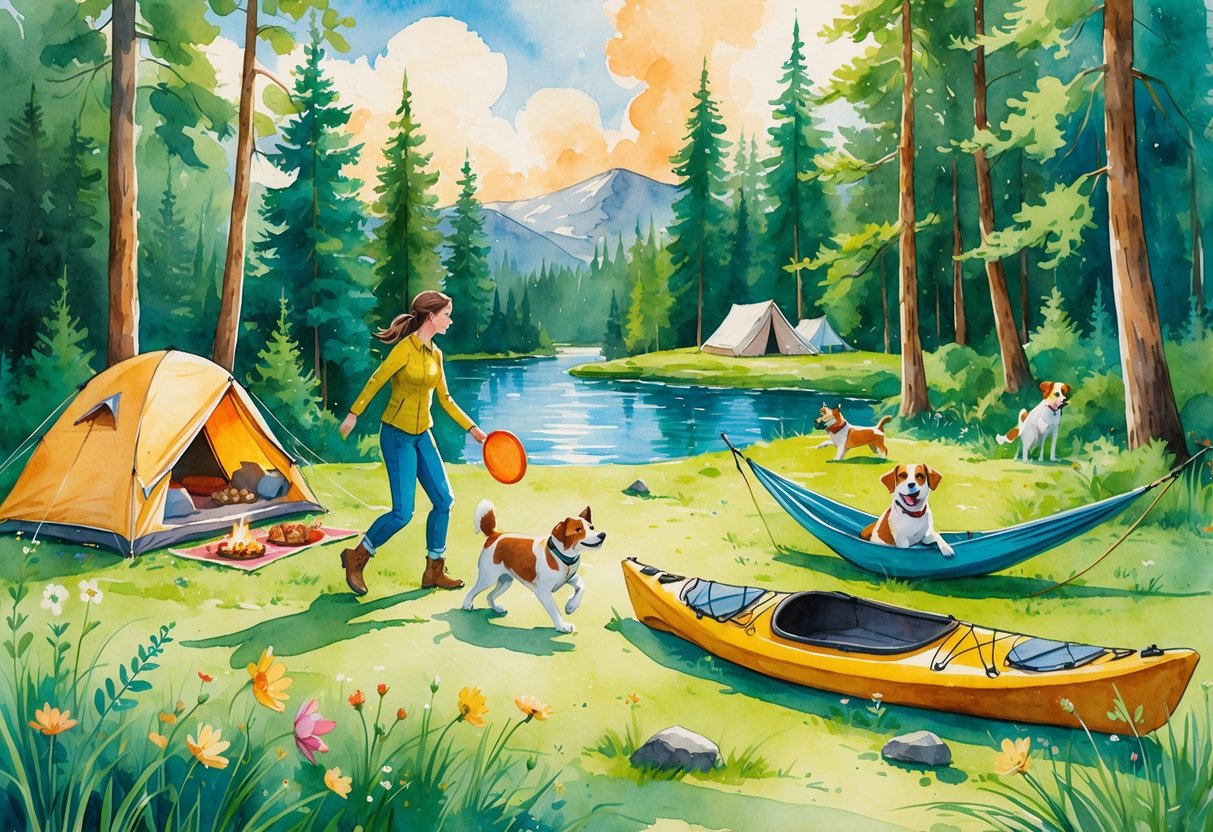 A person and their dog camping in a forest clearing by a lake, playing fetch, hiking, kayaking, and relaxing together surrounded by trees and wildflowers.