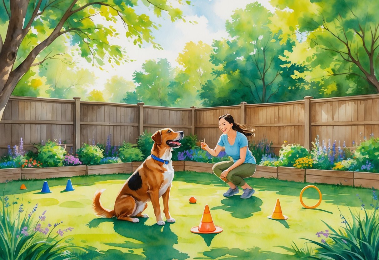A person and their dog playing obedience games together in a sunny backyard with grass, flowers, and agility equipment.