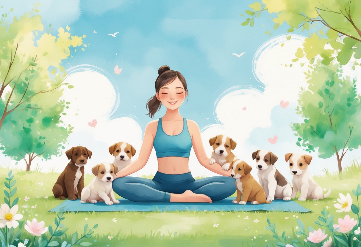 A person doing yoga outside on grass surrounded by playful puppies in a peaceful natural setting.