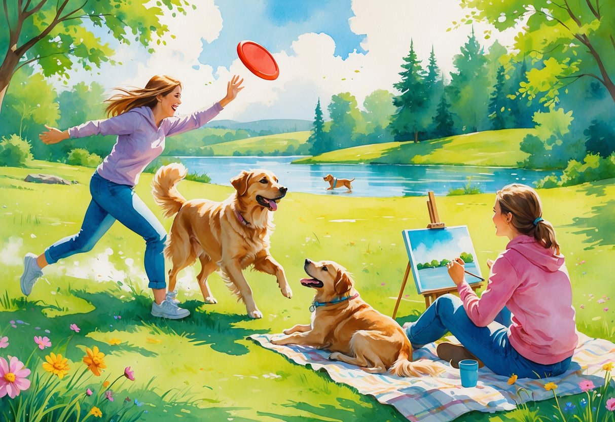 A person playing fetch with a dog in a park, painting on a canvas with the dog nearby, and scenes of the dog swimming and hiking with the person.