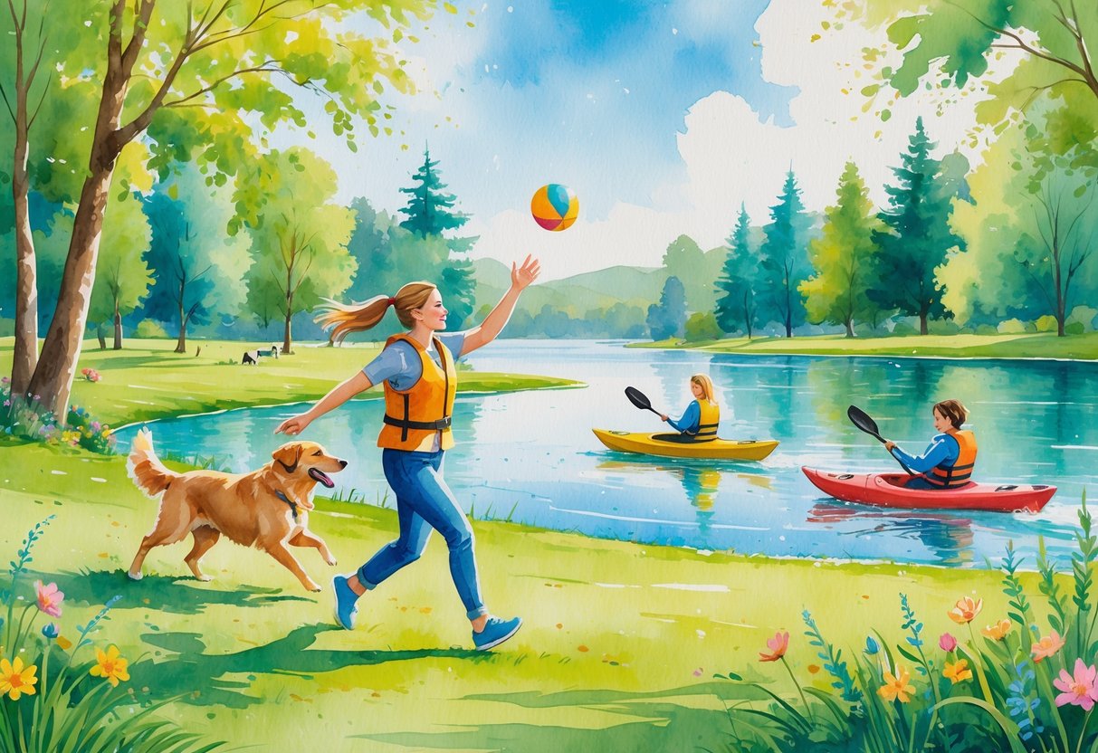 A person and their dogs enjoying outdoor activities like playing fetch, agility training, and kayaking in a sunny park with trees and a lake.