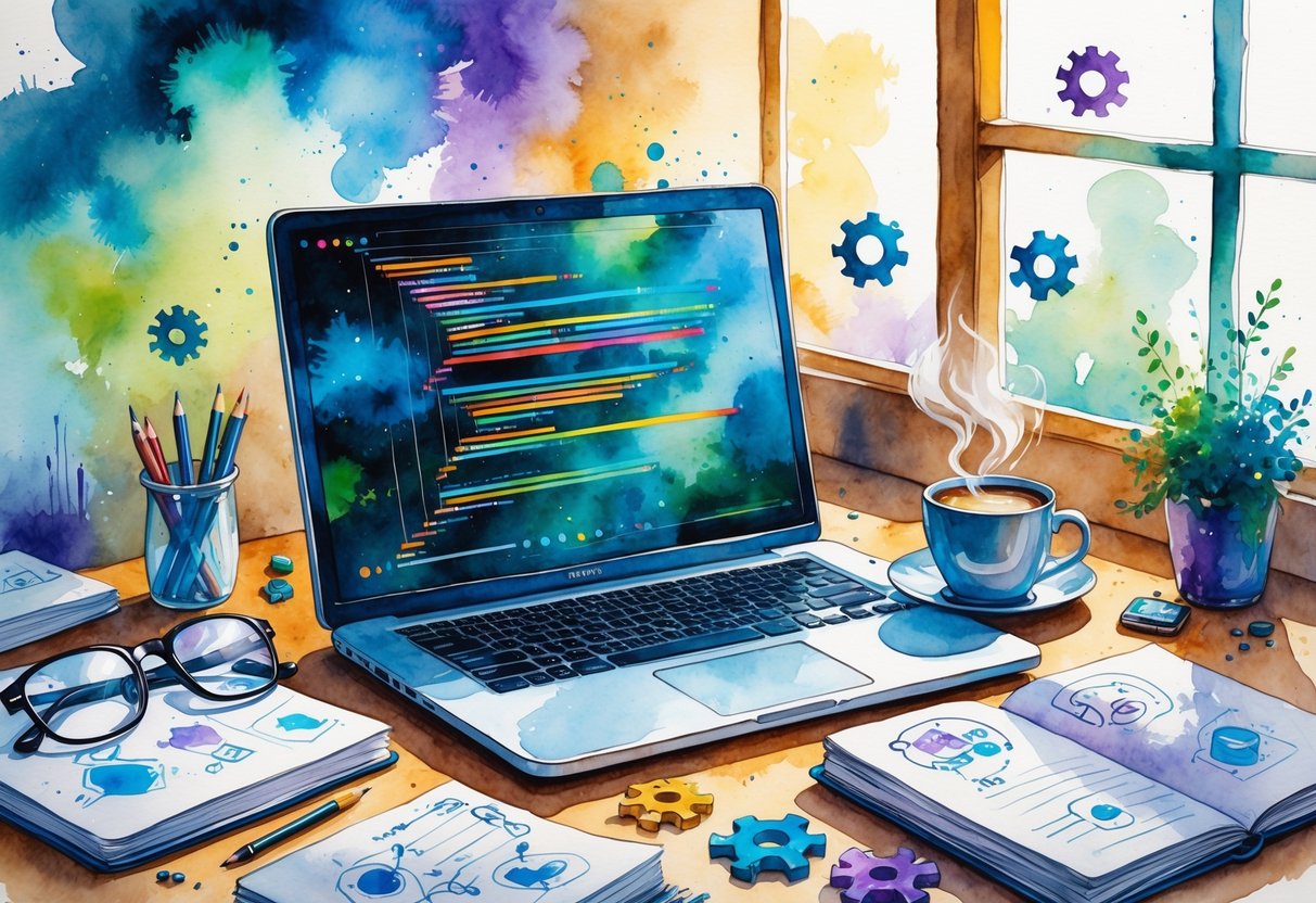 A cozy workspace with a laptop showing code, notebooks with diagrams, a coffee cup, and floating abstract icons representing logic and problem-solving.