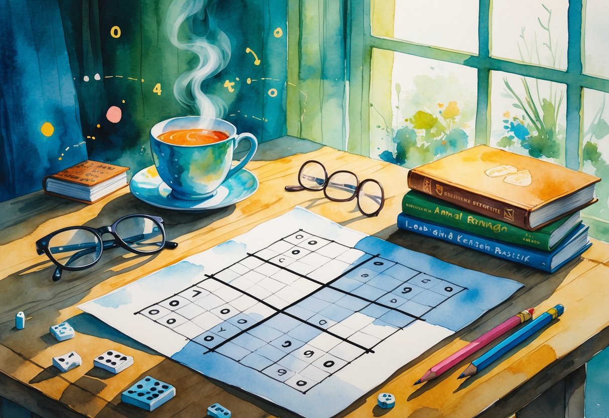 A peaceful scene showing a Sudoku puzzle on a table with pencils, a cup of tea, reading glasses, and books, bathed in soft natural light.