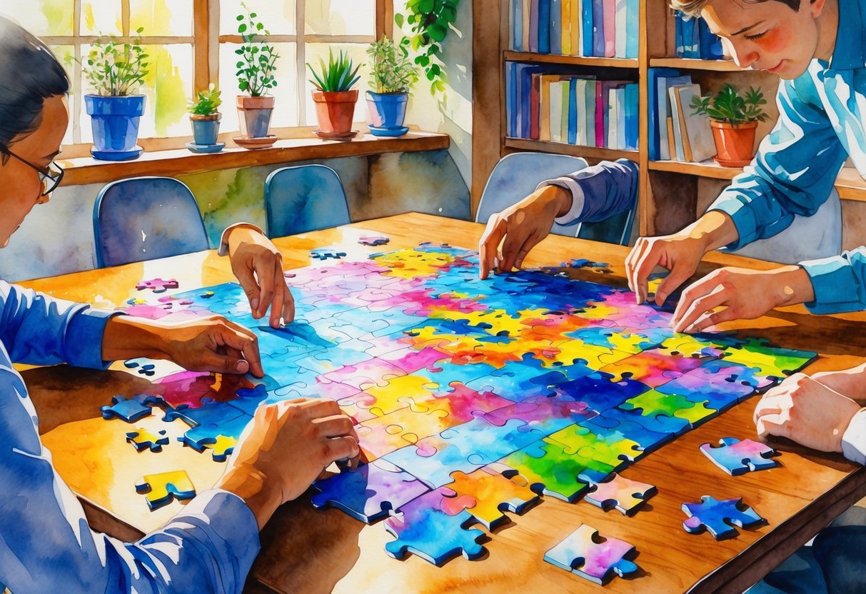 A cozy table with colorful jigsaw puzzle pieces being assembled by several hands, surrounded by books and plants.
