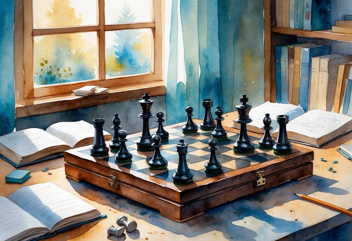 A cozy study scene with a wooden chessboard mid-game, an open book, a puzzle, and a notebook on a table near a window with soft natural light.