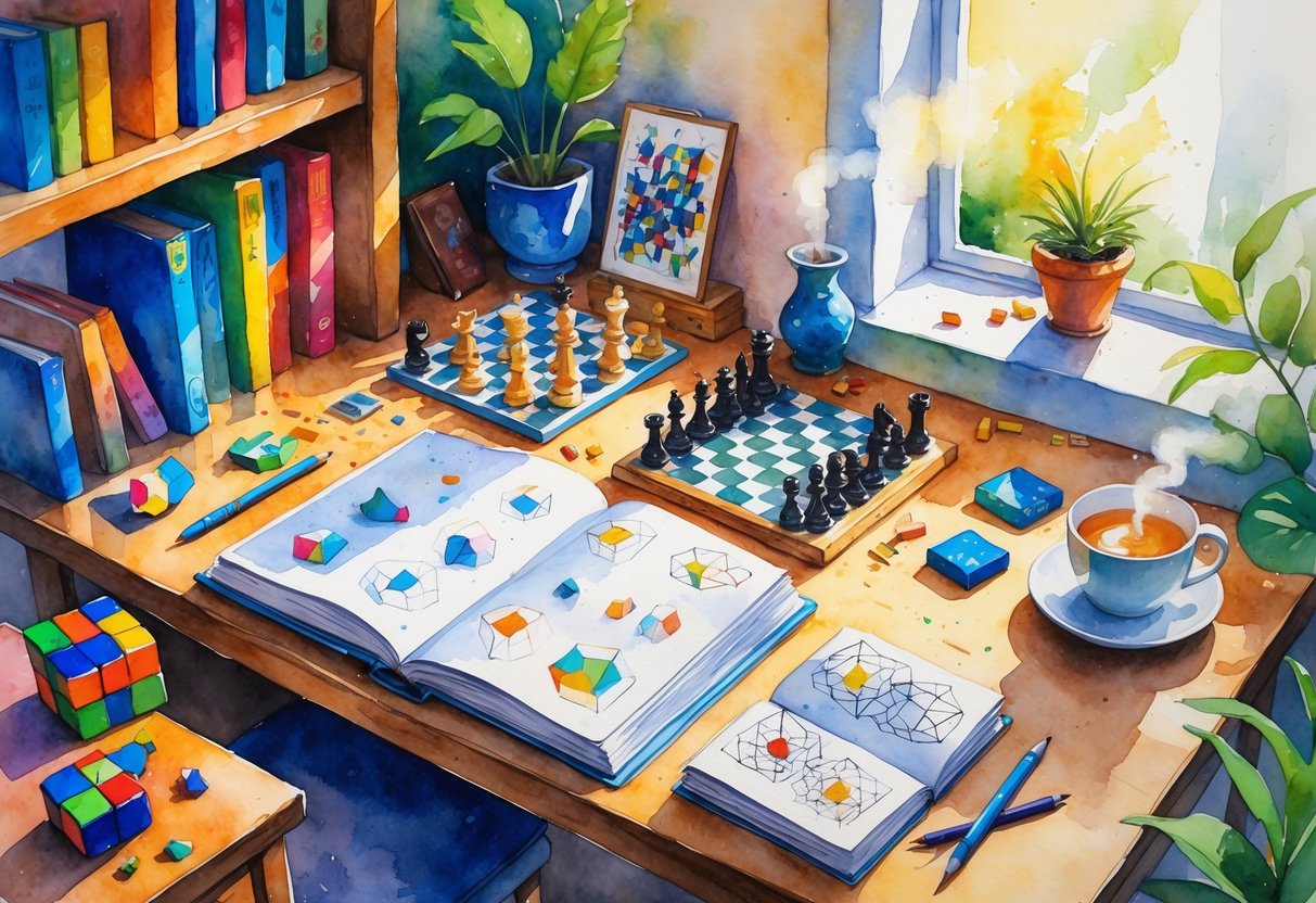 A cozy study space with a desk holding puzzle pieces, a Rubik's cube, a chessboard, an open book, and a person sketching shapes, surrounded by board games and a plant near a window.