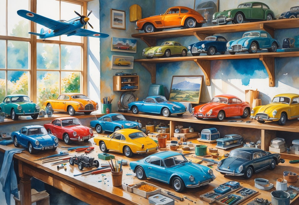 A workspace with detailed scale models of cars, planes, and buildings on a table and shelves, surrounded by tools and paintbrushes.