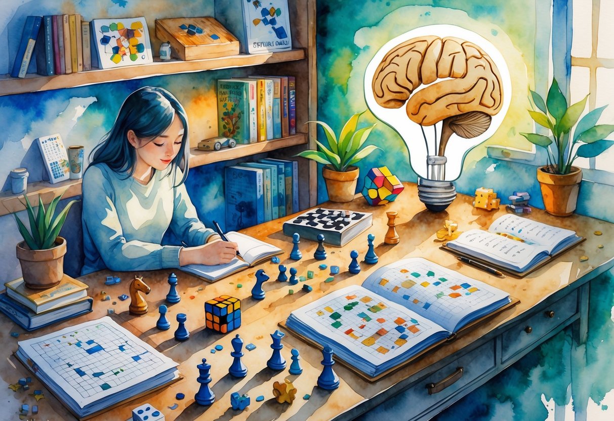 A cozy study space with puzzle pieces, a Rubik's cube, chess pieces, an open book with diagrams, and a person holding a pen, surrounded by shelves with board games and a plant.